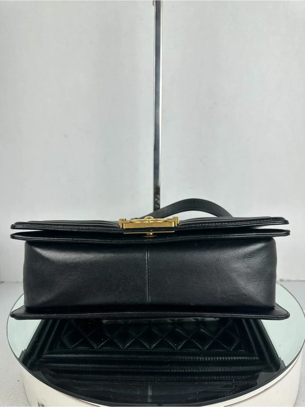 CHANEL BOY LEATHER flap Bag BLK Medium SHW